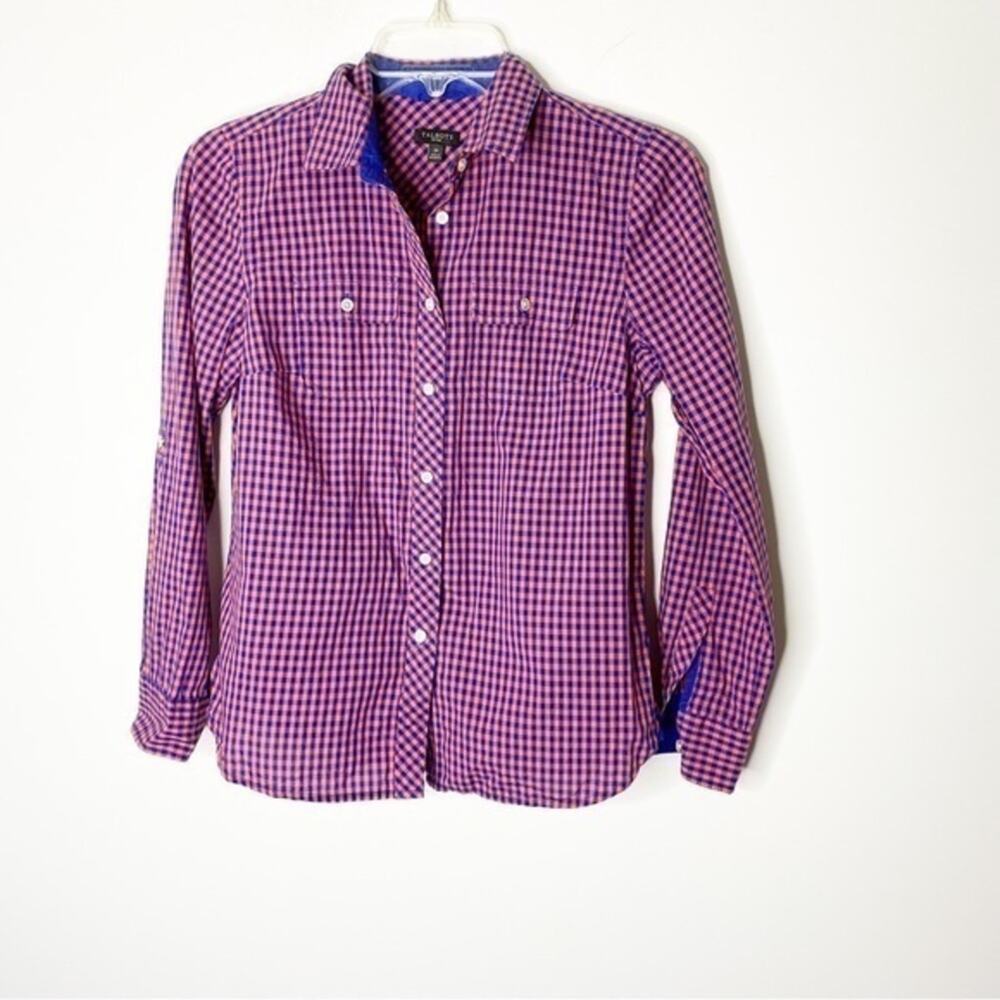 Talbots Pink & Blue Plaid Button Down Shirt Size 2P Business Casual 100% Cotton
